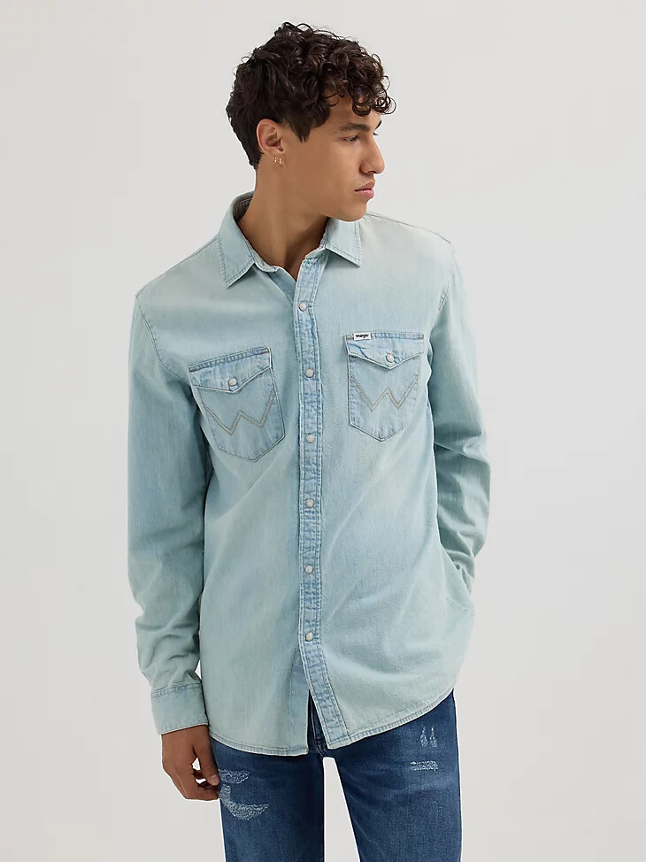herren langarm-western-denimhemd helle waschung