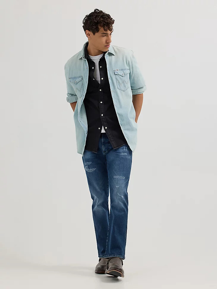 herren langarm-western-denimhemd helle waschung