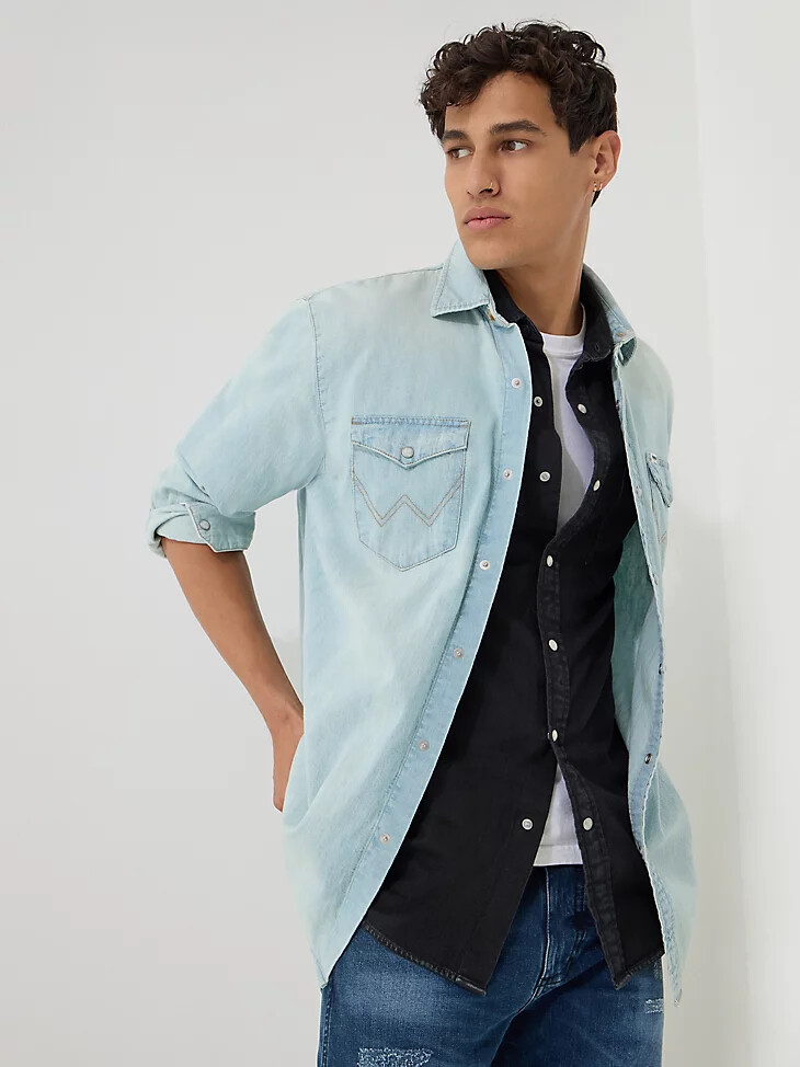 herren langarm-western-denimhemd helle waschung