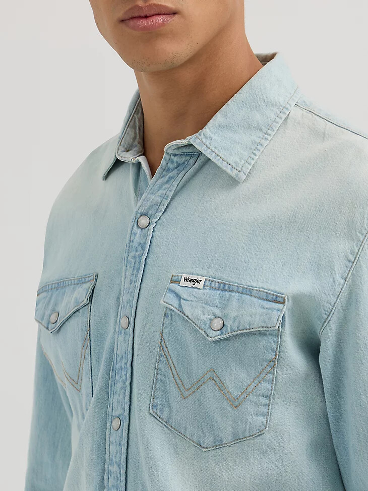 herren langarm-western-denimhemd helle waschung
