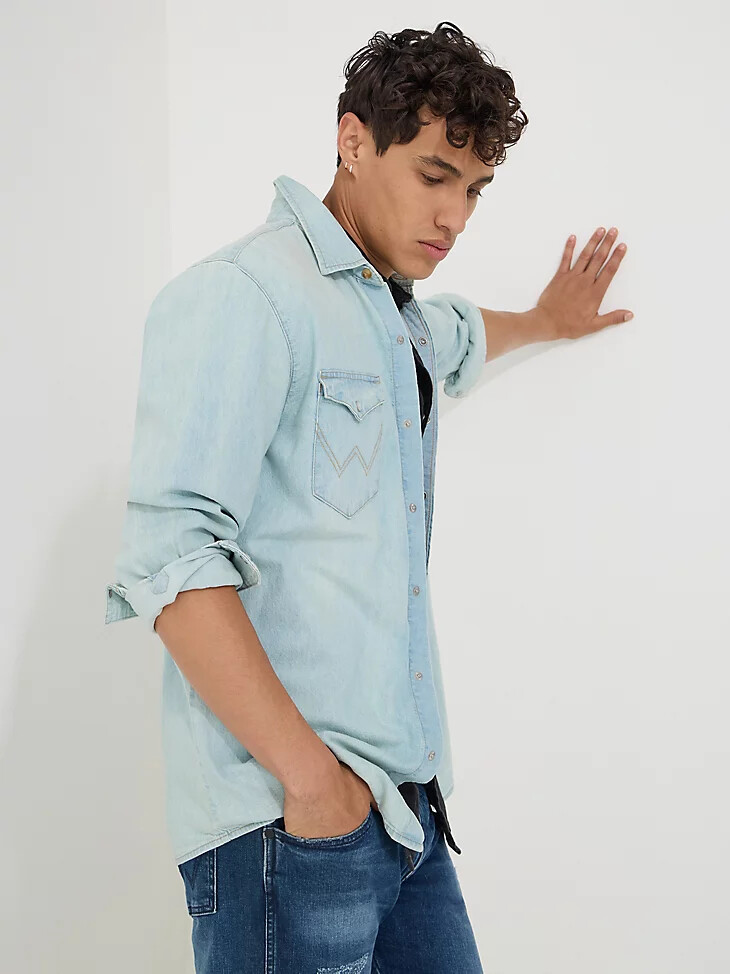 herren langarm-western-denimhemd helle waschung