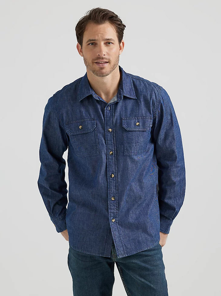 wrangler herren-langarmhemd aus twilldenim rinse