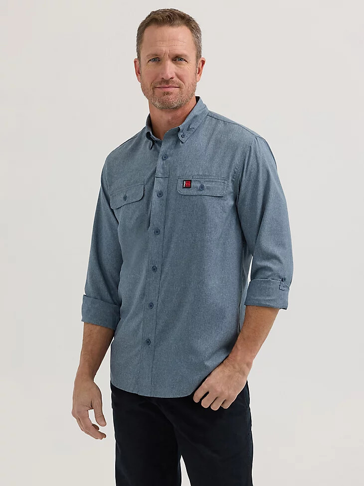 wrangler riggs workwear langarm-arbeitshemd mit belüftung einfarbig farbe blue nights heather