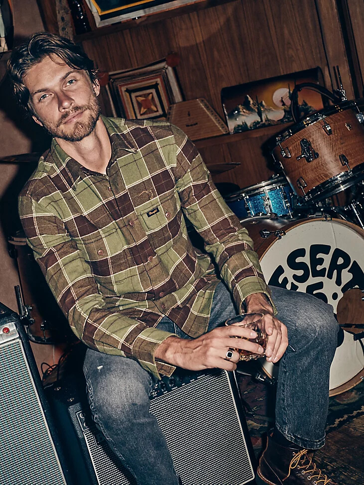 wrangler x buffalo trace herren-flanellhemd kentucky green
