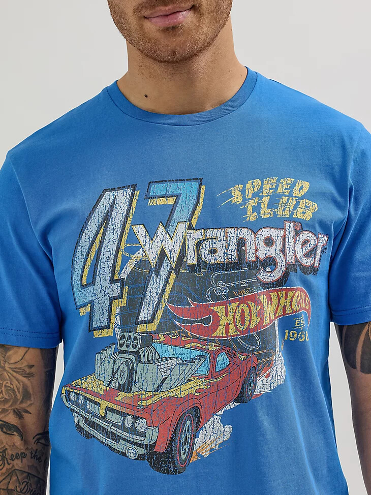 wrangler x hot wheels herren speed club t-shirt blau
