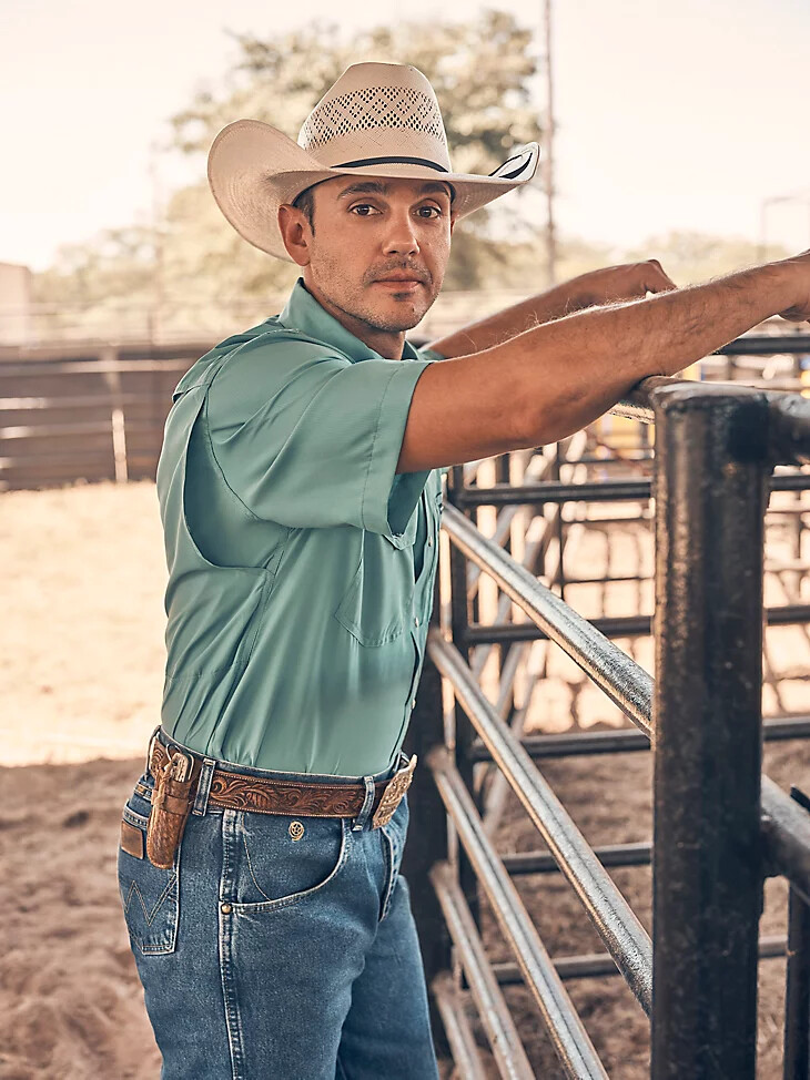 wrangler performance snap kurzarmhemd für herren einfarbig gedecktes türkis