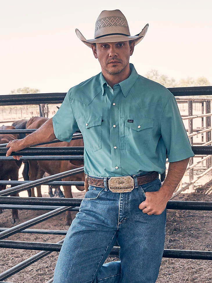 wrangler performance snap kurzarmhemd für herren einfarbig gedecktes türkis