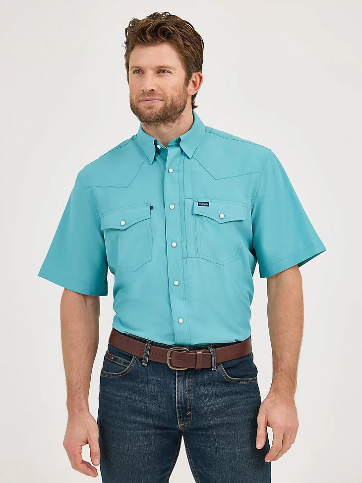 wrangler performance snap kurzarmhemd für herren einfarbig gedecktes türkis