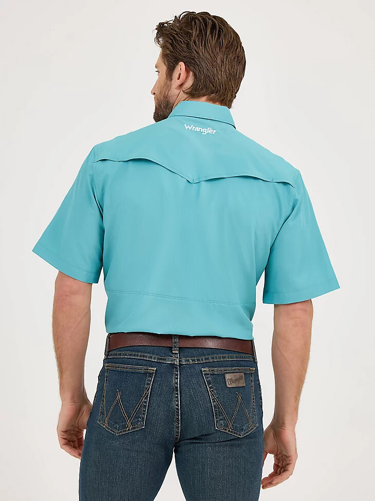 wrangler performance snap kurzarmhemd für herren einfarbig gedecktes türkis