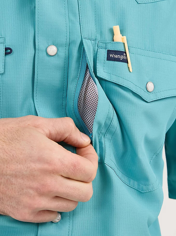wrangler performance snap kurzarmhemd für herren einfarbig gedecktes türkis