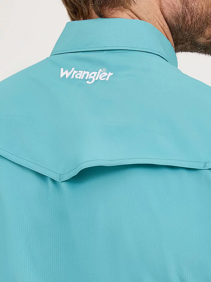 wrangler performance snap kurzarmhemd für herren einfarbig gedecktes türkis