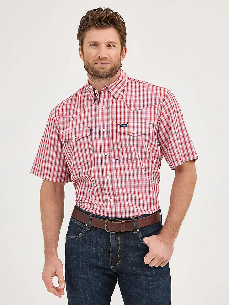 wrangler performance snap kurzarmhemd für herren kariert picknickrot