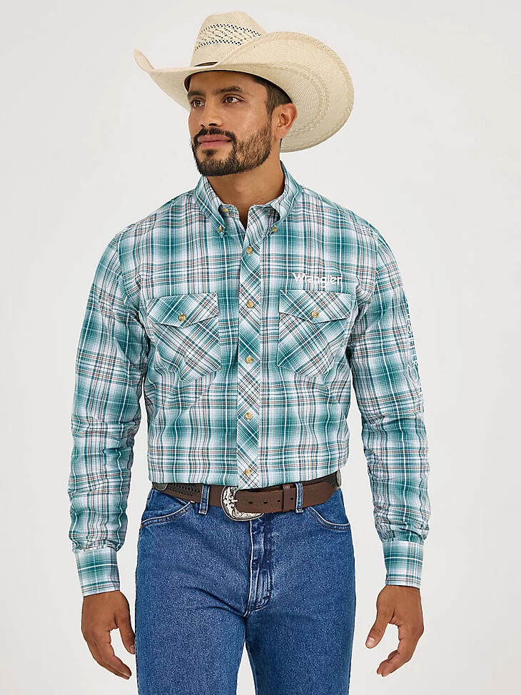 wrangler herren-langarmhemd mit logo kariert knopfleiste farbe fichte
