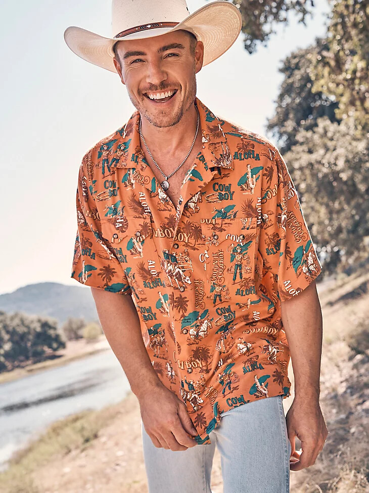 wrangler coconut cowboy camphemd mit druckknöpfen vorne aloha orange
