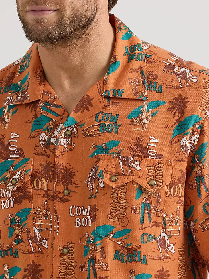 wrangler coconut cowboy camphemd mit druckknöpfen vorne aloha orange