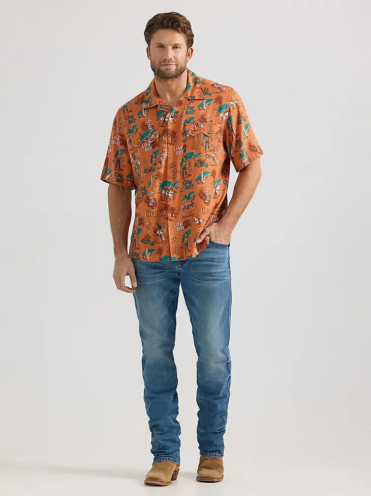 wrangler coconut cowboy camphemd mit druckknöpfen vorne aloha orange