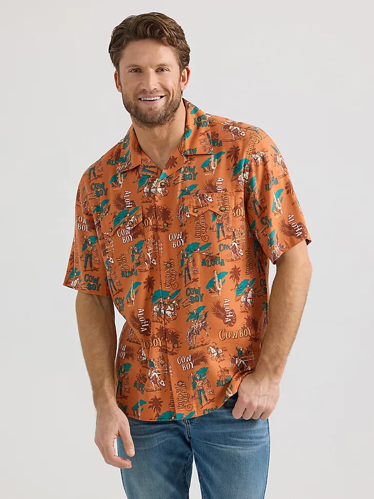 wrangler coconut cowboy camphemd mit druckknöpfen vorne aloha orange