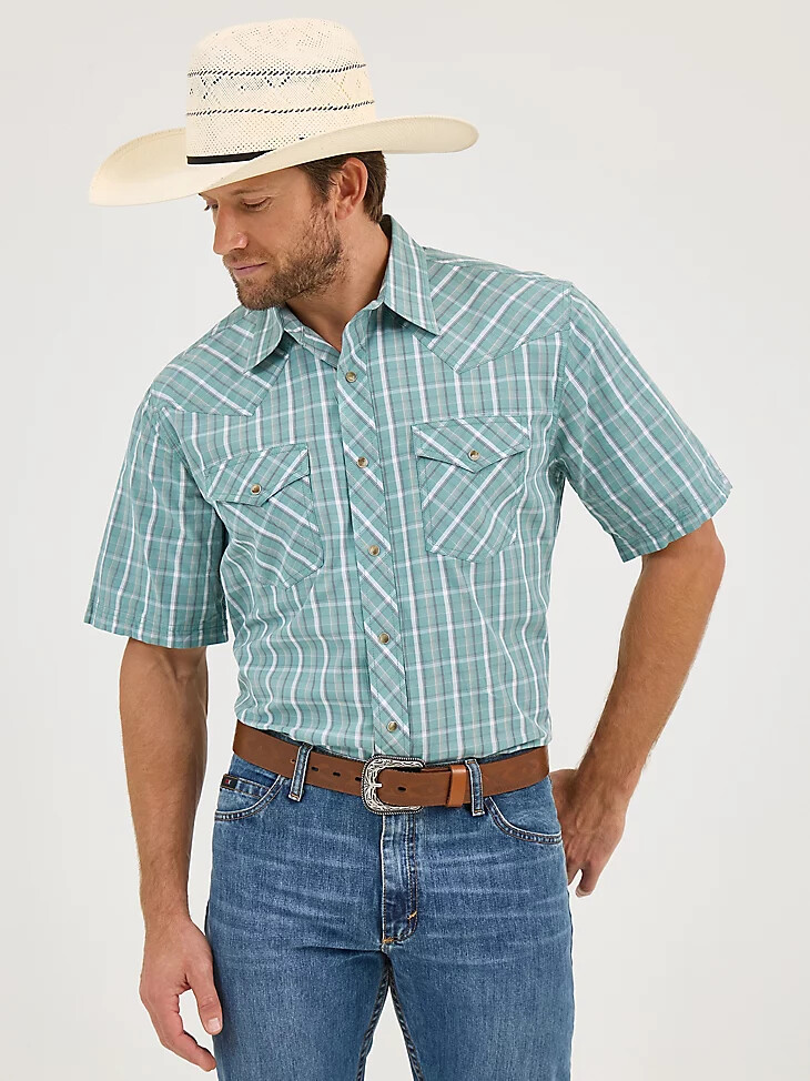 20x competition advanced comfort kurzarm-westernhemd mit druckknöpfen für herren cyan kariert