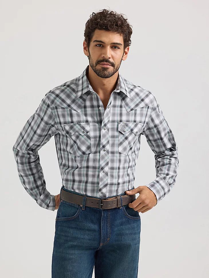 wrangler retro herren langarm-westernhemd mit sägezahnmuster druckknopftasche rauchgrau