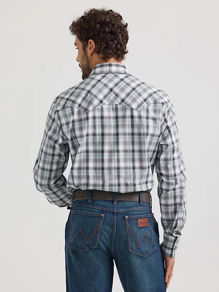 wrangler retro herren langarm-westernhemd mit sägezahnmuster druckknopftasche rauchgrau