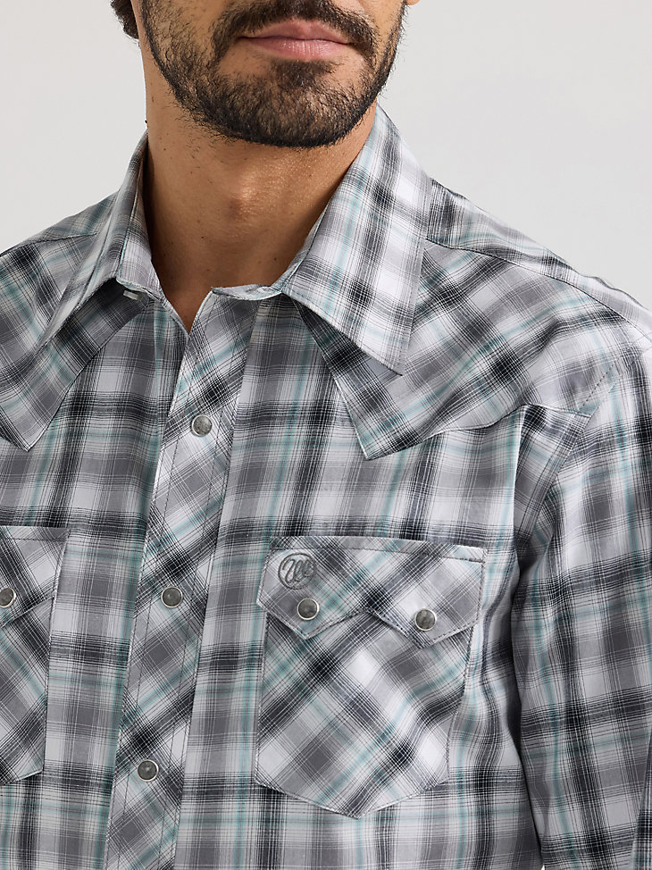 wrangler retro herren langarm-westernhemd mit sägezahnmuster druckknopftasche rauchgrau