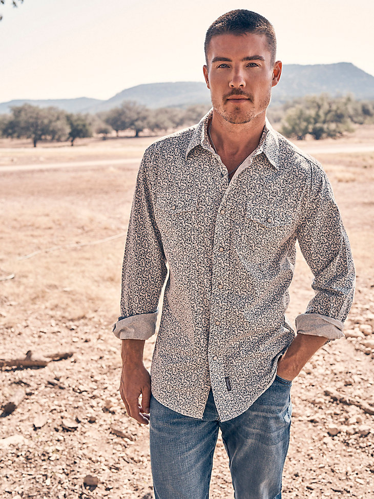 wrangler retro premium langarm-westernhemd mit druckknöpfen für herren graue ranken