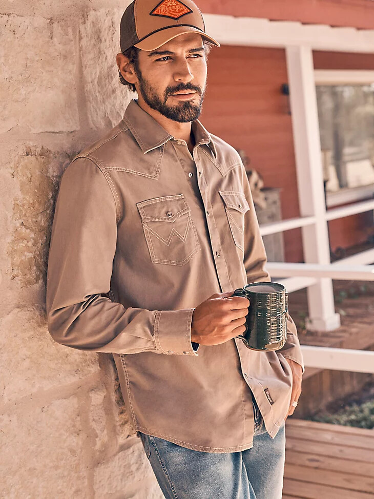 wrangler retro premium westernhemd für herren einfarbig taupe
