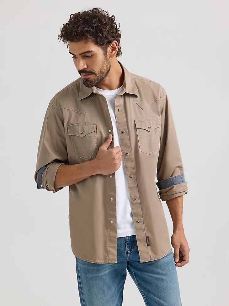 wrangler retro premium westernhemd für herren einfarbig taupe