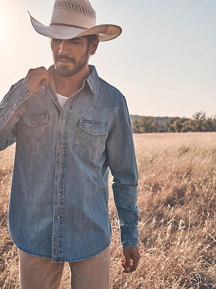 wrangler classic denim westernhemd mit druckknöpfen für herren helle waschung