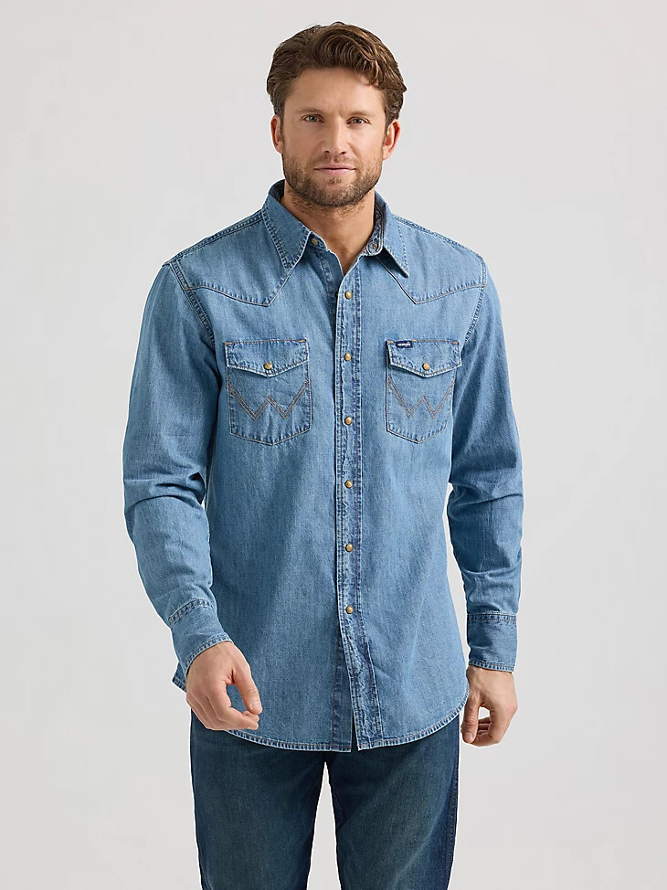 wrangler classic denim westernhemd mit druckknöpfen für herren helle waschung