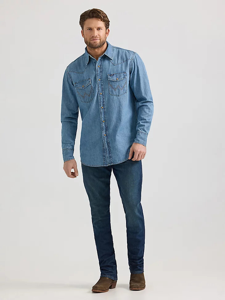 wrangler classic denim westernhemd mit druckknöpfen für herren helle waschung