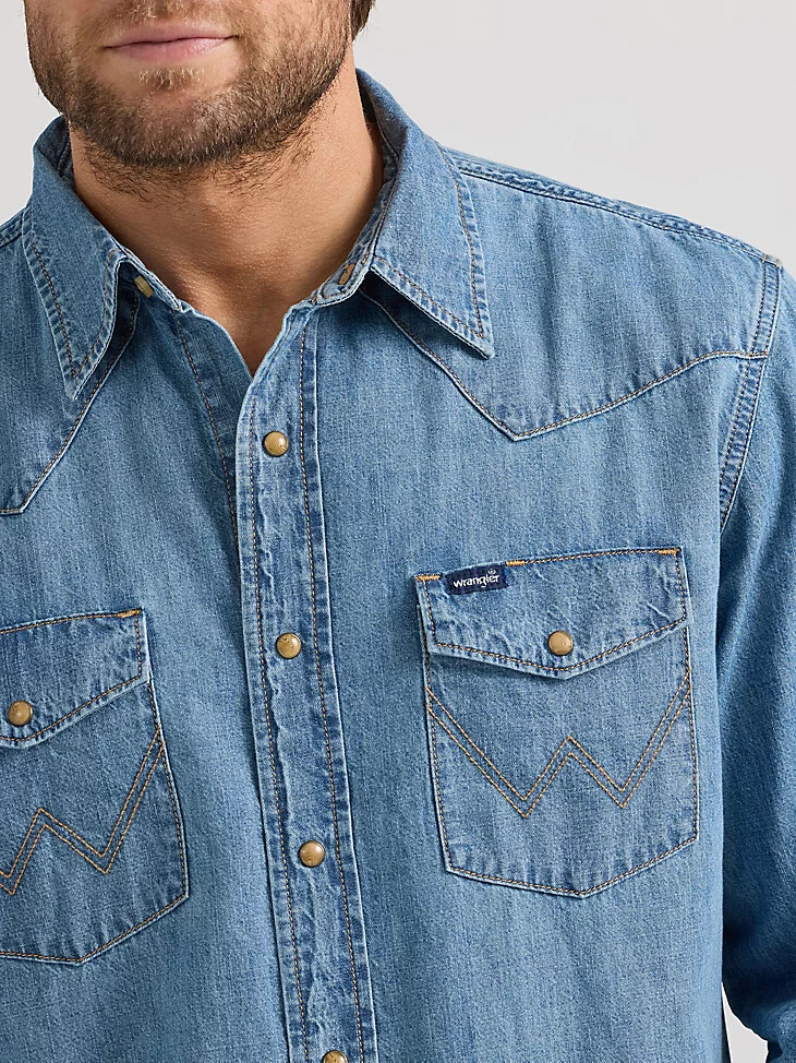 wrangler classic denim westernhemd mit druckknöpfen für herren helle waschung