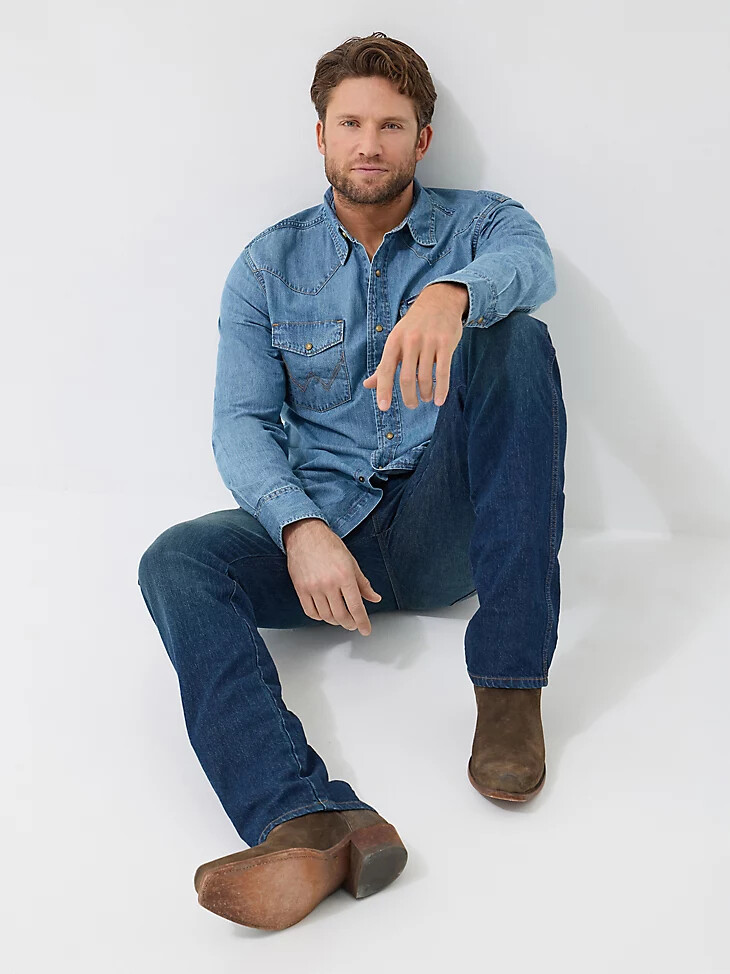 wrangler classic denim westernhemd mit druckknöpfen für herren helle waschung