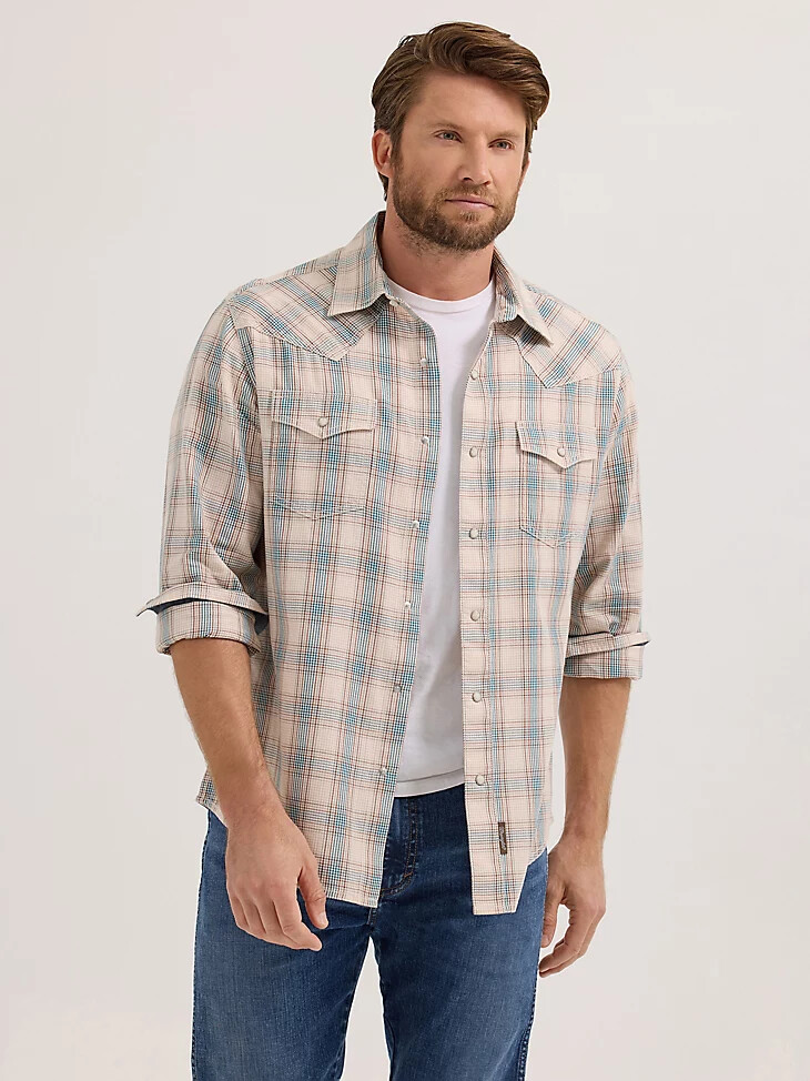 wrangler retro premium herren langarm westernhemd mit druckknöpfen kariert sandblau