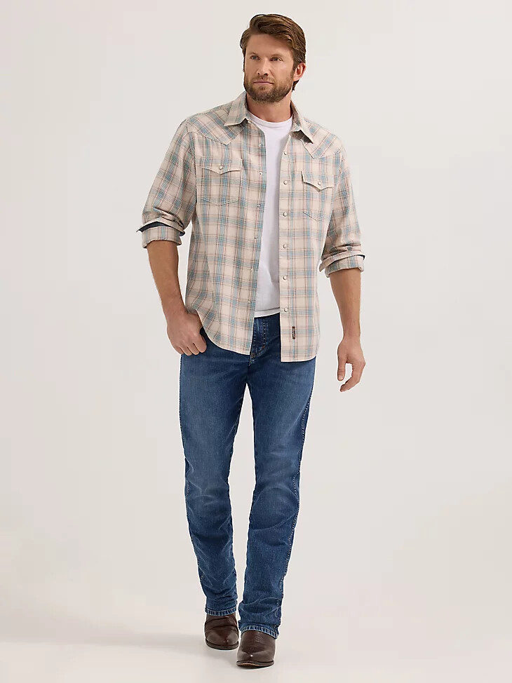 wrangler retro premium herren langarm westernhemd mit druckknöpfen kariert sandblau