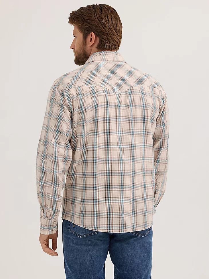 wrangler retro premium herren langarm westernhemd mit druckknöpfen kariert sandblau