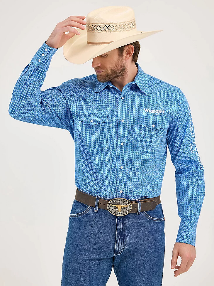 wrangler herren-langarmhemd mit western-print und logo cerulean