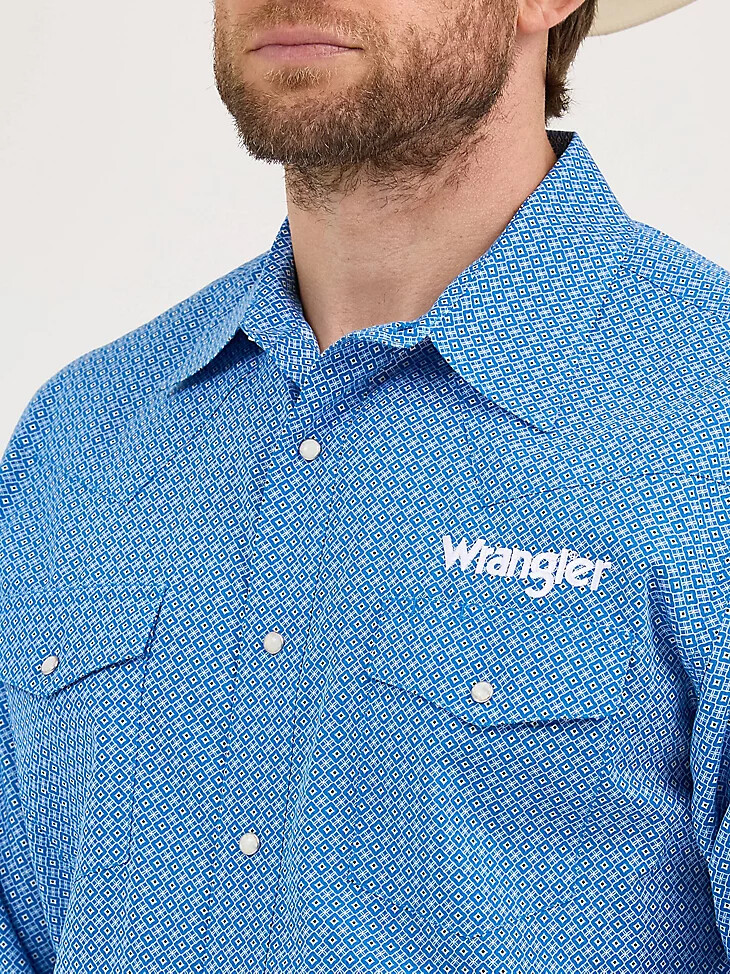 wrangler herren-langarmhemd mit western-print und logo cerulean