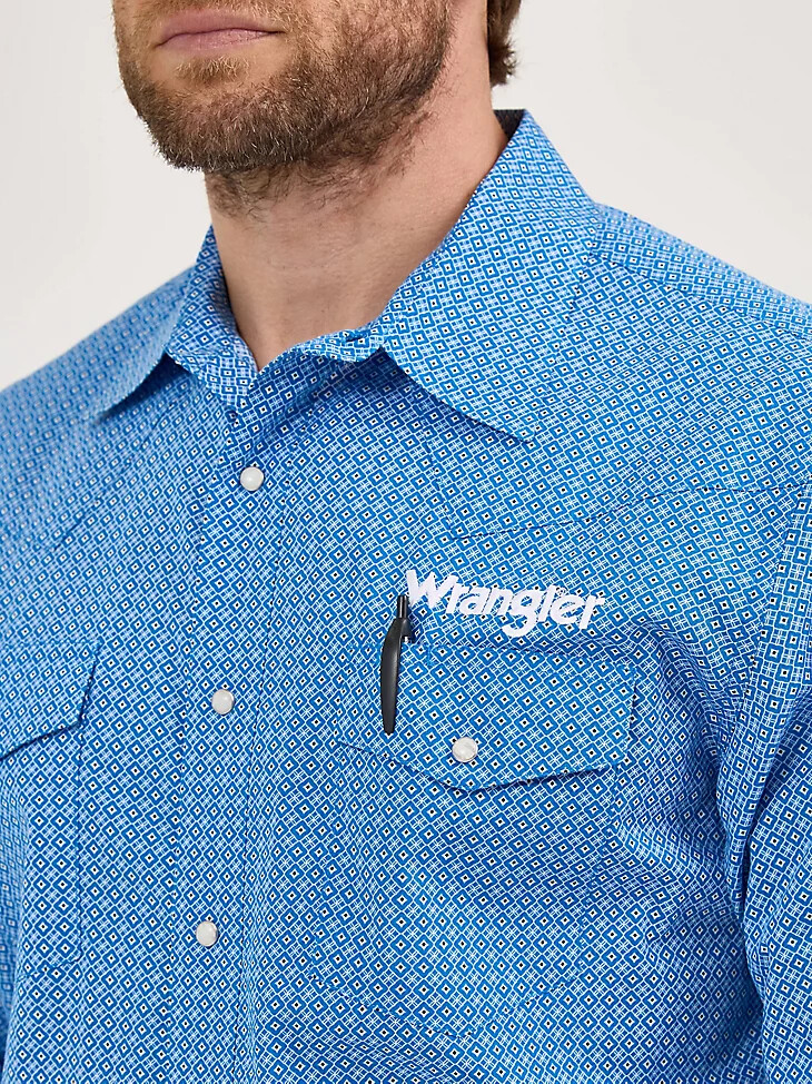 wrangler herren-langarmhemd mit western-print und logo cerulean