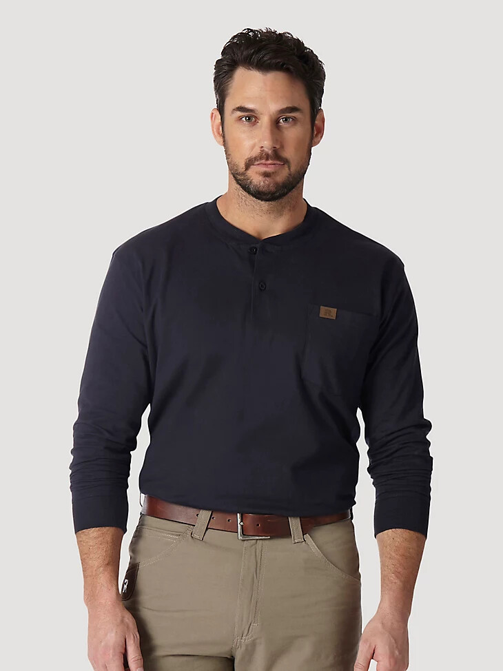 wrangler riggs workwear langarm-henley-shirt einfarbig marineblau