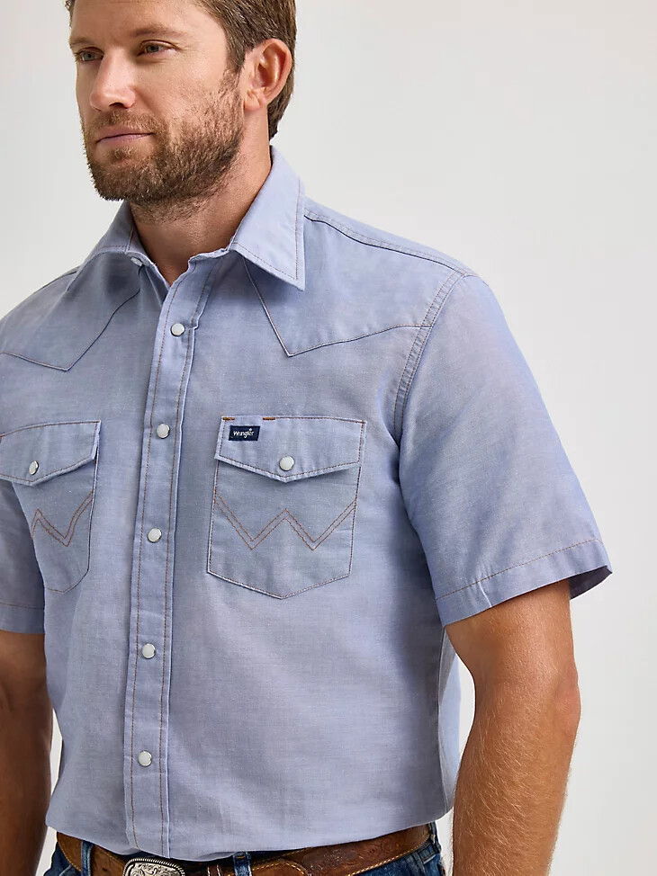 cowboy cut arbeitshemd kurzärmelig western-stil mit druckknöpfen einfarbig chambray