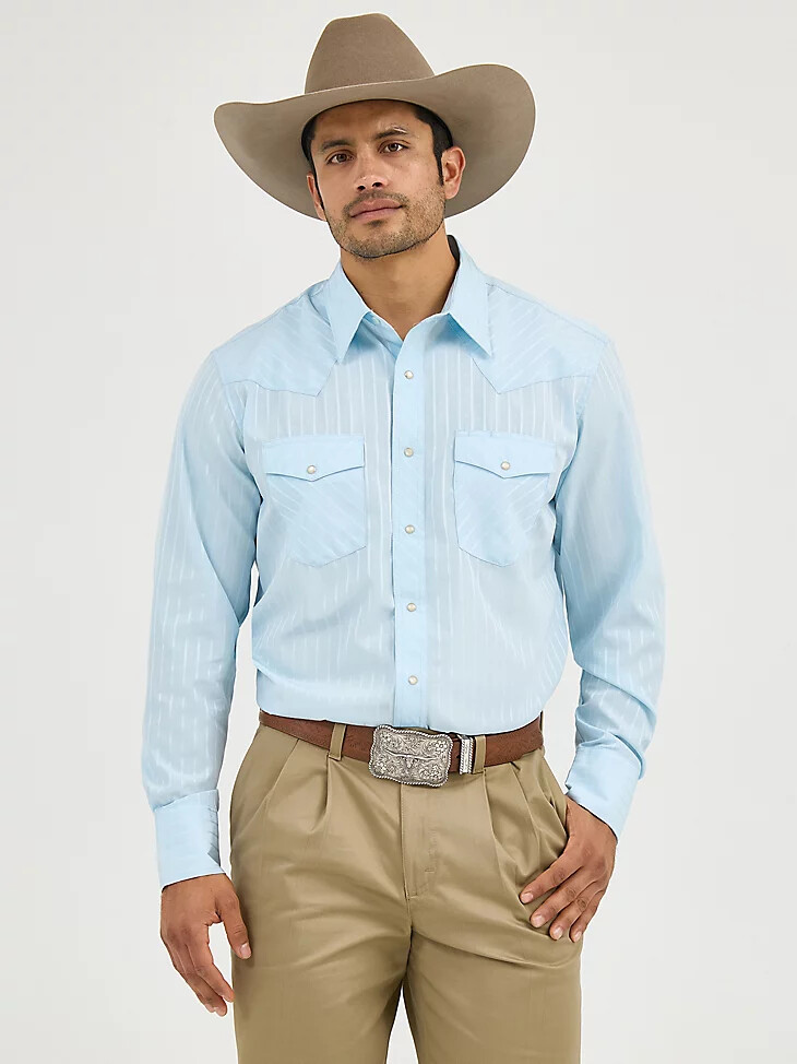 wrangler western langarmhemd mit druckknöpfen und dobby-streifen blau