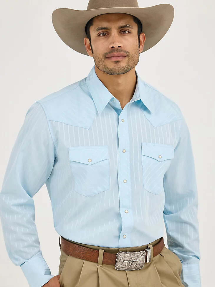 wrangler western langarmhemd mit druckknöpfen und dobby-streifen blau