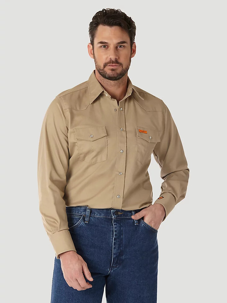 wrangler fr flammenhemmendes langarm-arbeitshemd im western-stil mit druckknöpfen einfarbig aus twill khaki