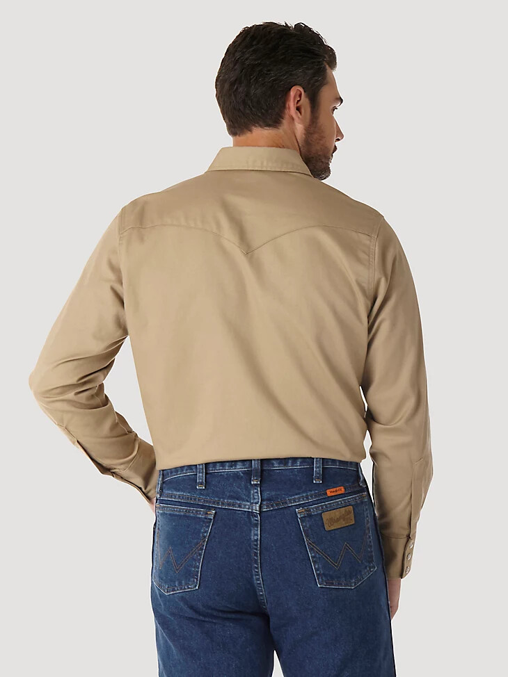 wrangler fr flammenhemmendes langarm-arbeitshemd im western-stil mit druckknöpfen einfarbig aus twill khaki
