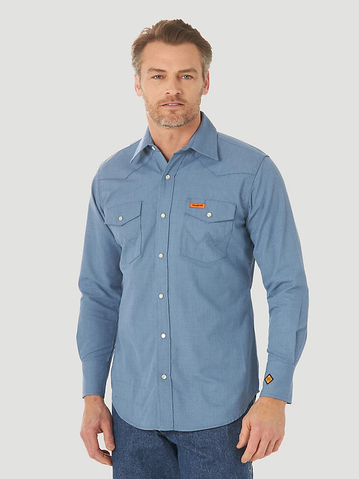 wrangler fr flammhemmendes 20x westernhemd mit druckknöpfen einfarbig blau