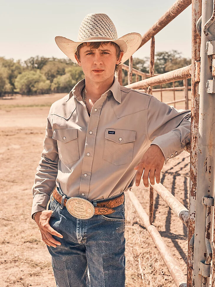 premium performance advanced comfort cowboy cut langarmhemd mit gespreiztem kragen einfarbig zement