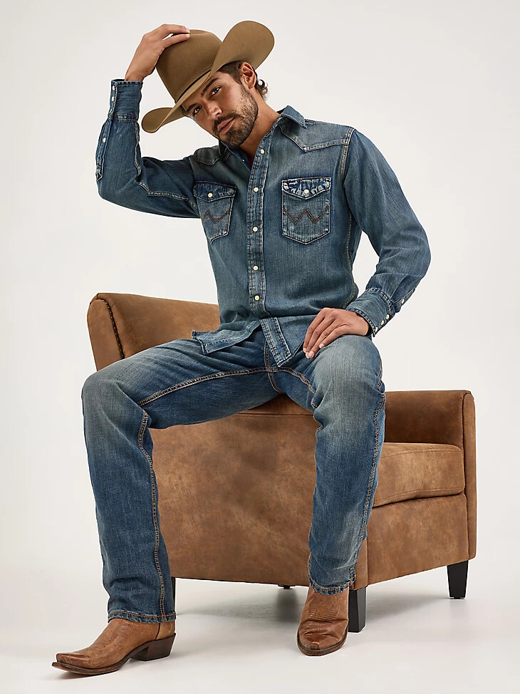 cowboy cut langarm-western-arbeitshemd aus denim mit druckknöpfen antikblau