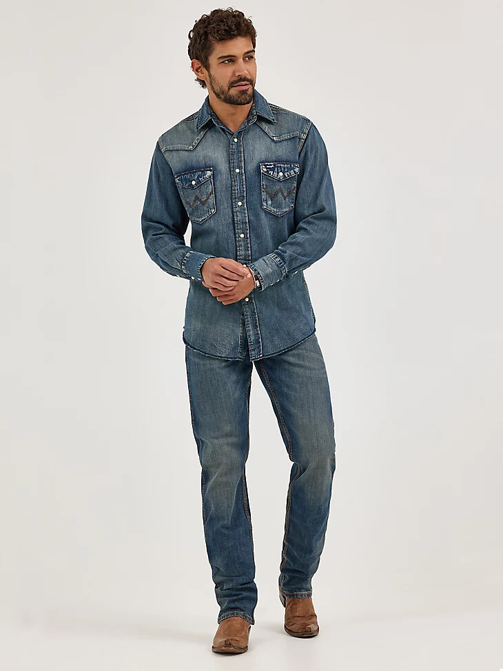 cowboy cut langarm-western-arbeitshemd aus denim mit druckknöpfen antikblau