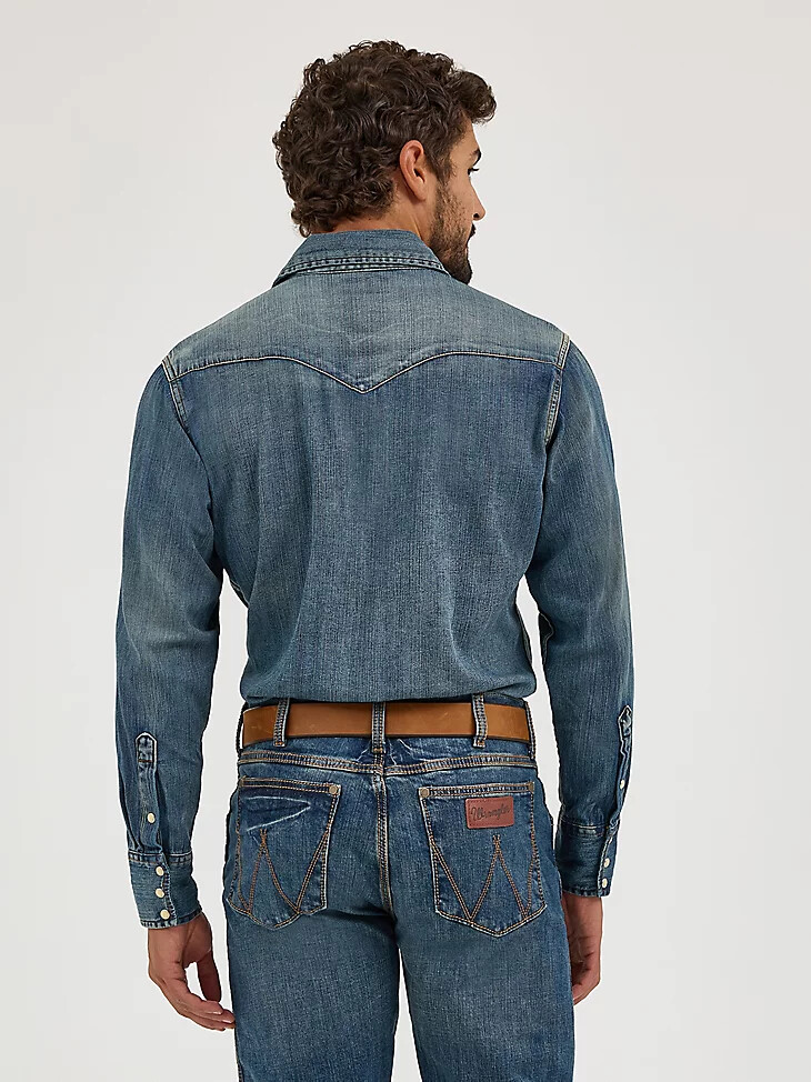 cowboy cut langarm-western-arbeitshemd aus denim mit druckknöpfen antikblau